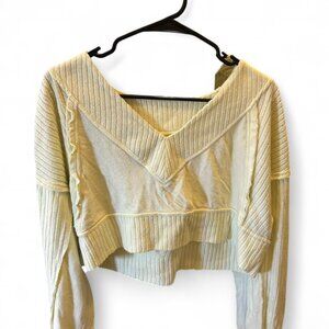 Cream Ribbed Cropped Long Sleeve Sweater – Size S